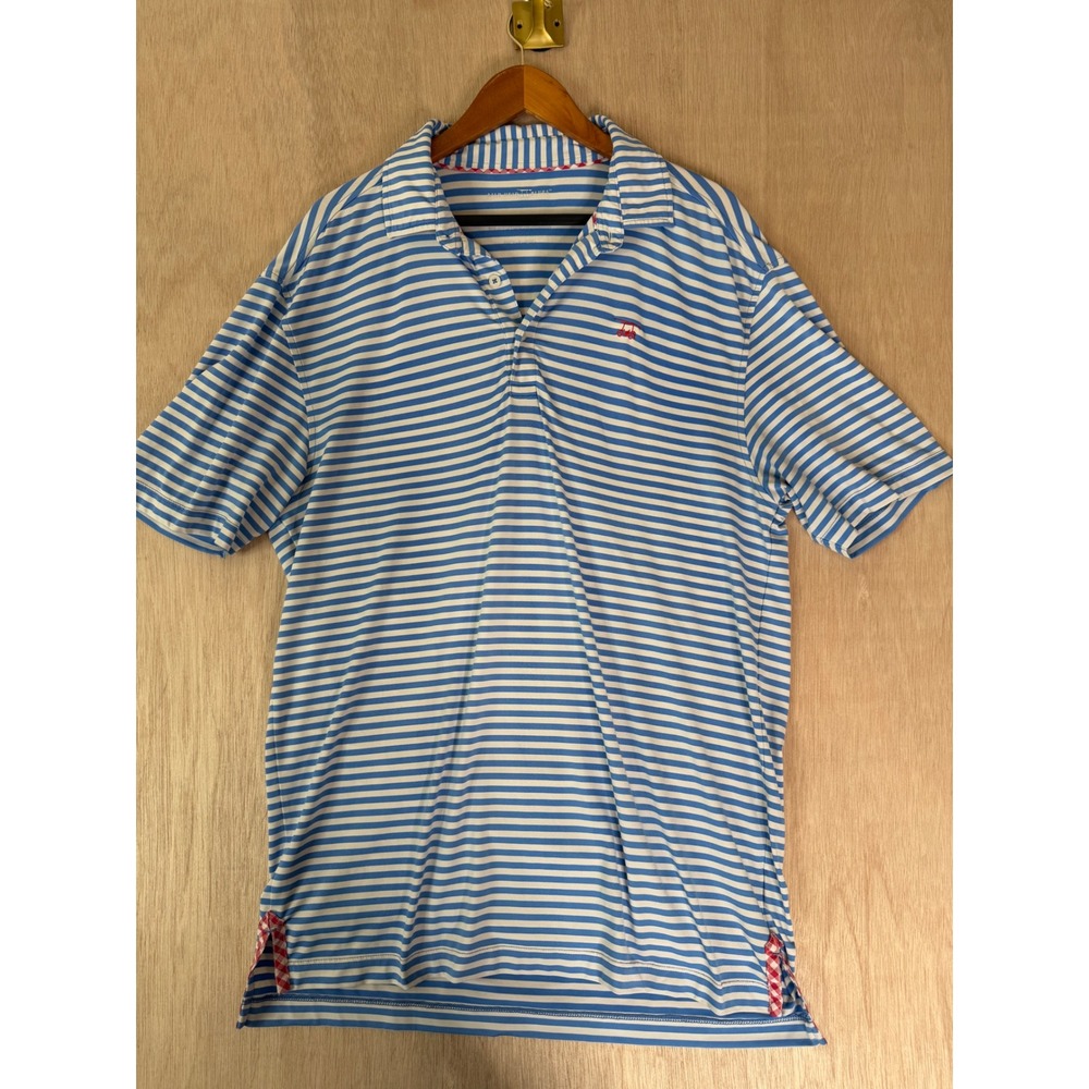 Bald Head Blues Mens Striped Polo Shirt Medium Blue White Golf Cart Logo Peru